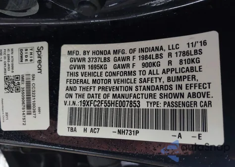 2017 Honda Civic Lx z USA, uszkodzony, nr VIN 19XFC2F55HE007853